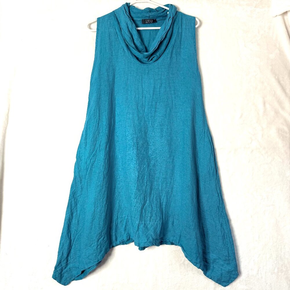 SAGA Italy Linen Resort Cowl Sleeveless Trapeze Handkerchief Midi Dress L